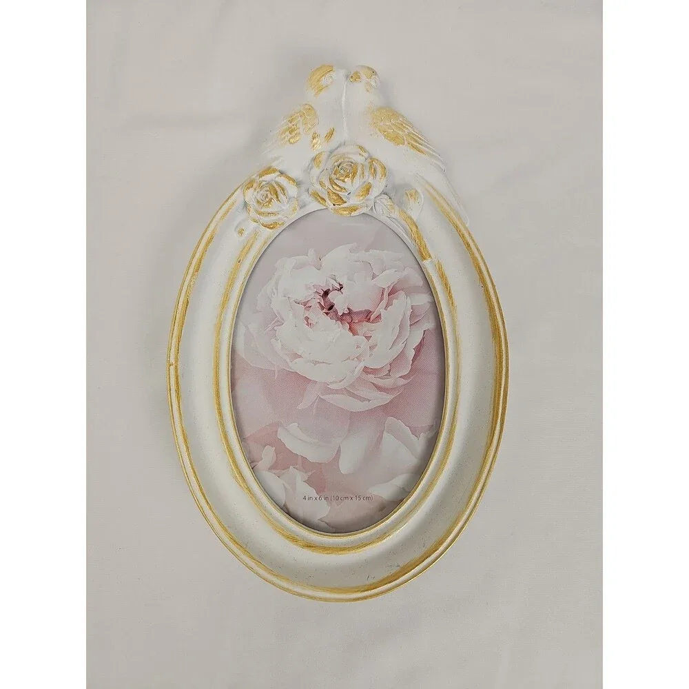 NWT White Lovebirds 4x6 Oval Picture Frame Distressed Gold Accent Decor